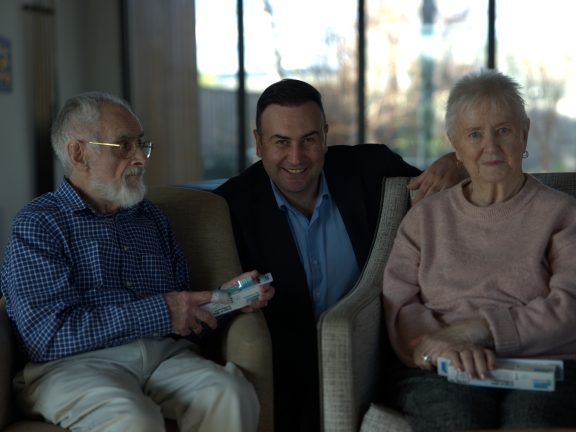 Eastern Operations Manager Jaldi Bendaj from the Australian Dental Foundation donates toothbrushes to residents at Uniting AgeWell on Brush for Good Day.